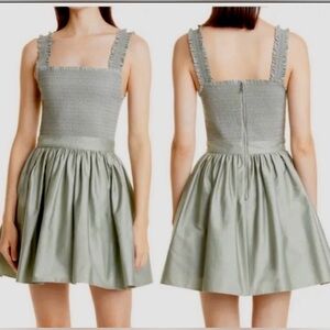 Alice + Olivia Barrett Mini Dress Cotton Smocked Bodice Sage Green Size 10 NWT
